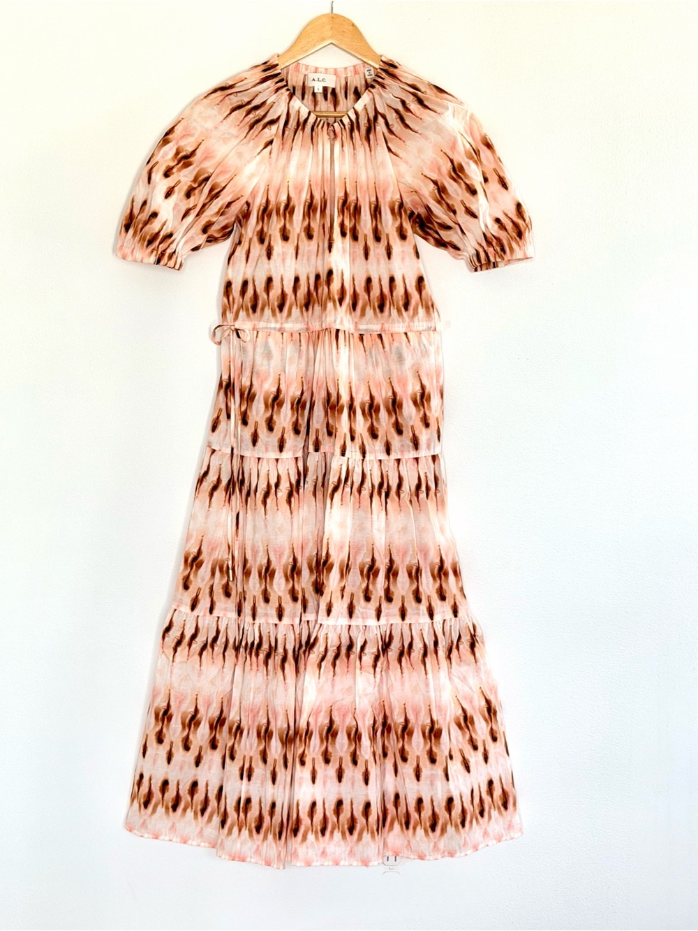 A.L.C. Mischa Puff Sleeve Tiered Midi Dress Pink Brown Size 2